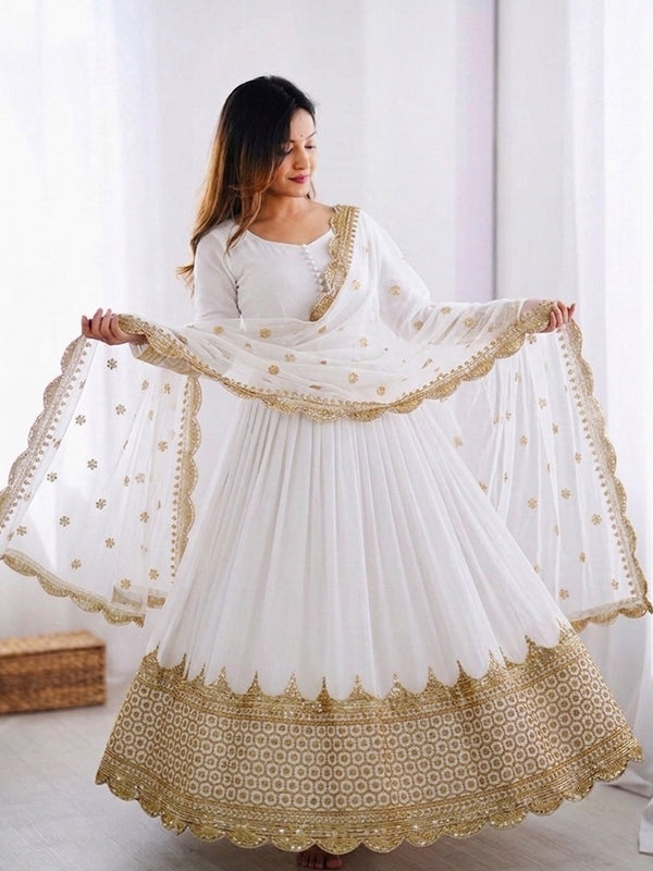 White Embroidery Sequence Work Faux Georgette Anarkali Gown With Dupatta