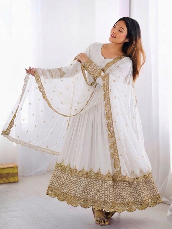 White Embroidery Sequence Work Faux Georgette Anarkali Gown With Dupatta