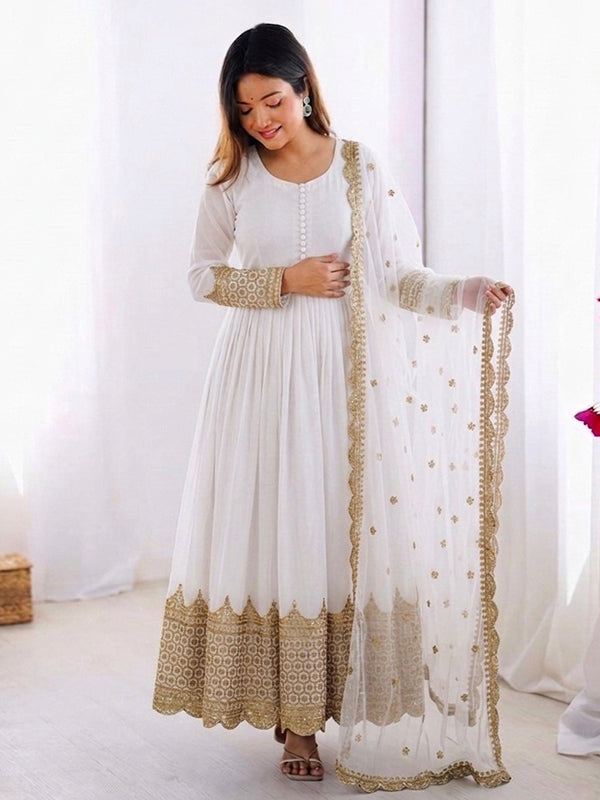White Embroidery Sequence Work Faux Georgette Anarkali Gown With Dupatta