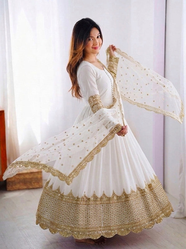 White Embroidery Sequence Work Faux Georgette Anarkali Gown With Dupatta