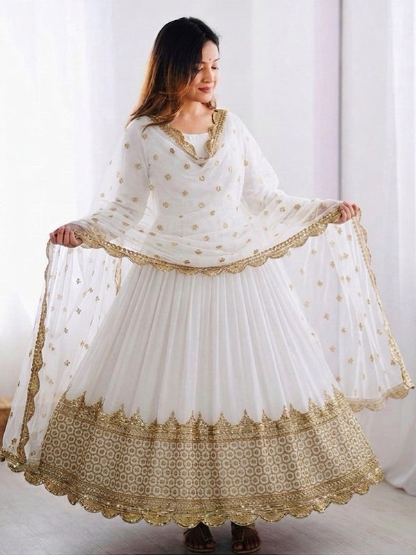 White Embroidery Sequence Work Faux Georgette Anarkali Gown With Dupatta