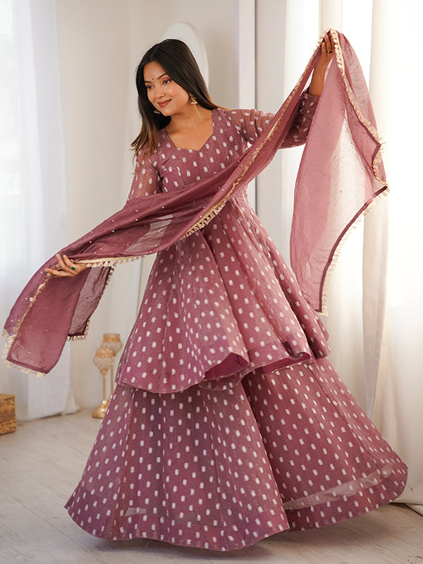 Mauve Pink Jacquard Butti Crunchy Silk Flared Sharara With Dupatta