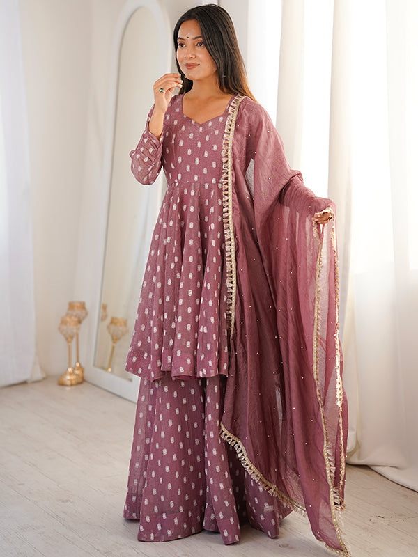Mauve Pink Jacquard Butti Crunchy Silk Flared Sharara With Dupatta