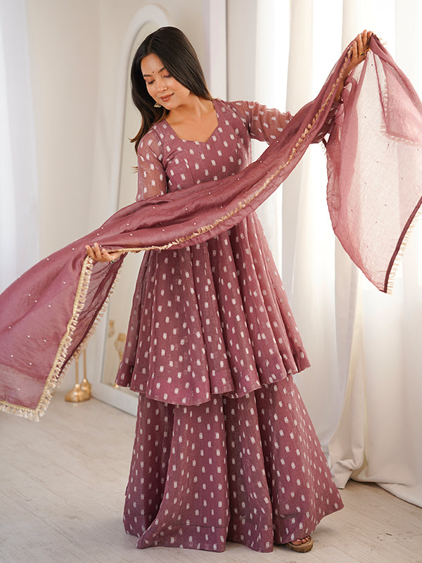 Mauve Pink Jacquard Butti Crunchy Silk Flared Sharara With Dupatta