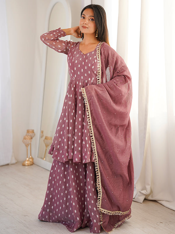 Mauve Pink Jacquard Butti Crunchy Silk Flared Sharara With Dupatta