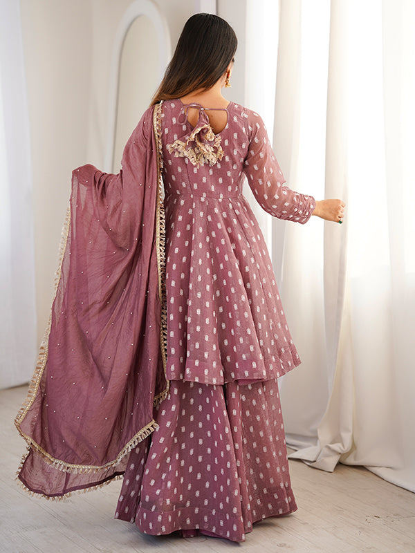 Mauve Pink Jacquard Butti Crunchy Silk Flared Sharara With Dupatta