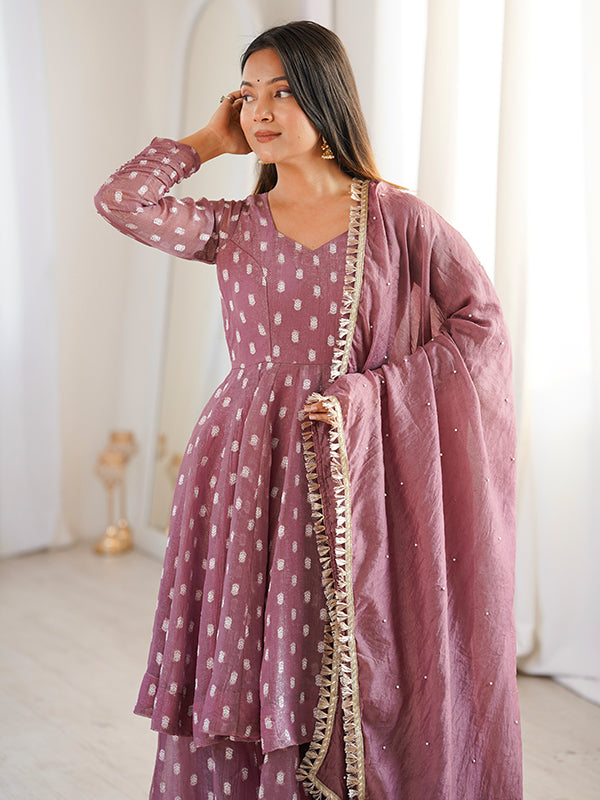 Mauve Pink Jacquard Butti Crunchy Silk Flared Sharara With Dupatta