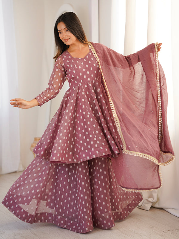 Mauve Pink Jacquard Butti Crunchy Silk Flared Sharara With Dupatta