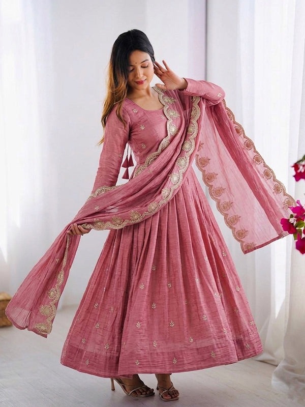 Dusty Pink Embroidery Sequence Work Gold Crush Silk Anarkali Gown With Dupatta