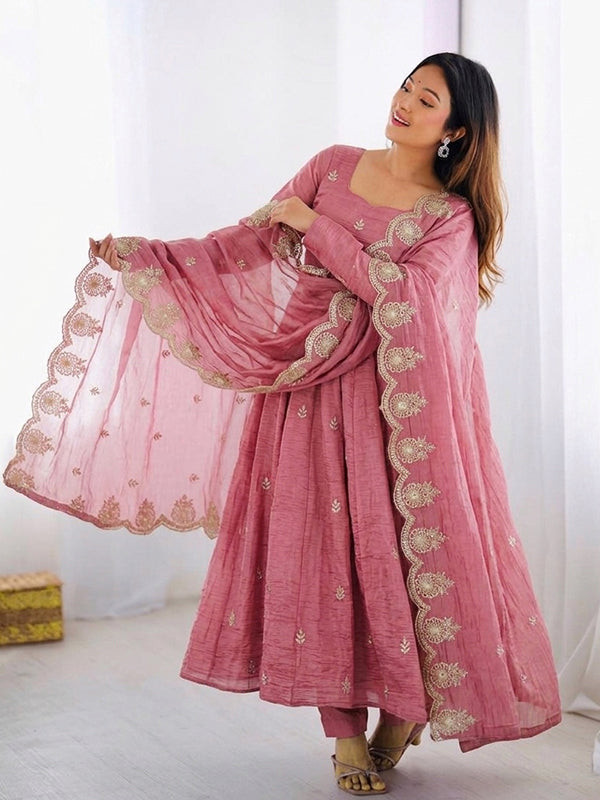 Dusty Pink Embroidery Sequence Work Gold Crush Silk Anarkali Gown With Dupatta