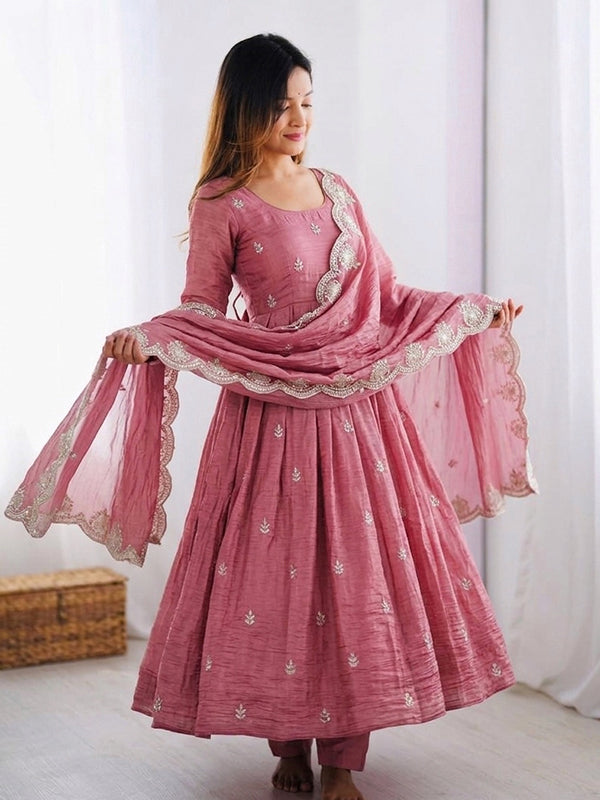 Dusty Pink Embroidery Sequence Work Gold Crush Silk Anarkali Gown With Dupatta