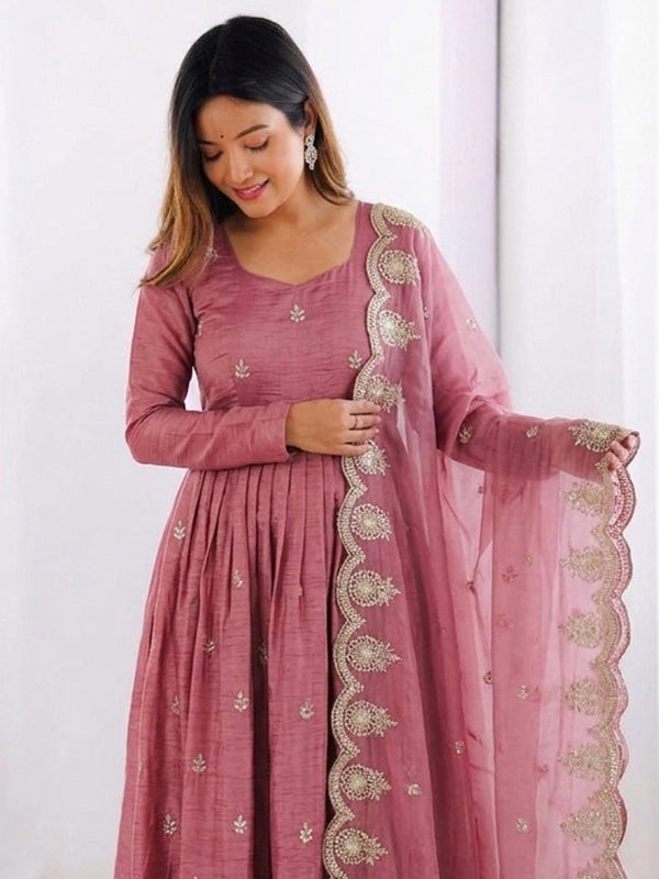 Dusty Pink Embroidery Sequence Work Gold Crush Silk Anarkali Gown With Dupatta