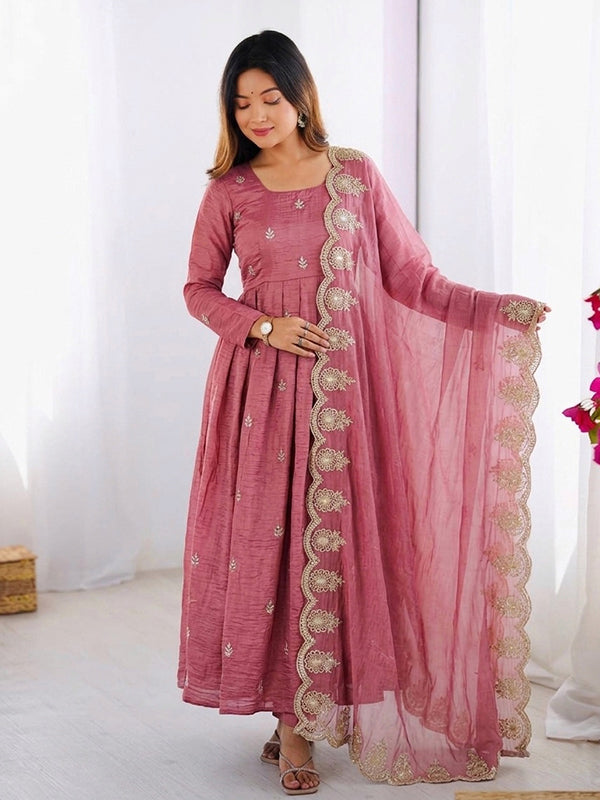 Dusty Pink Embroidery Sequence Work Gold Crush Silk Anarkali Gown With Dupatta