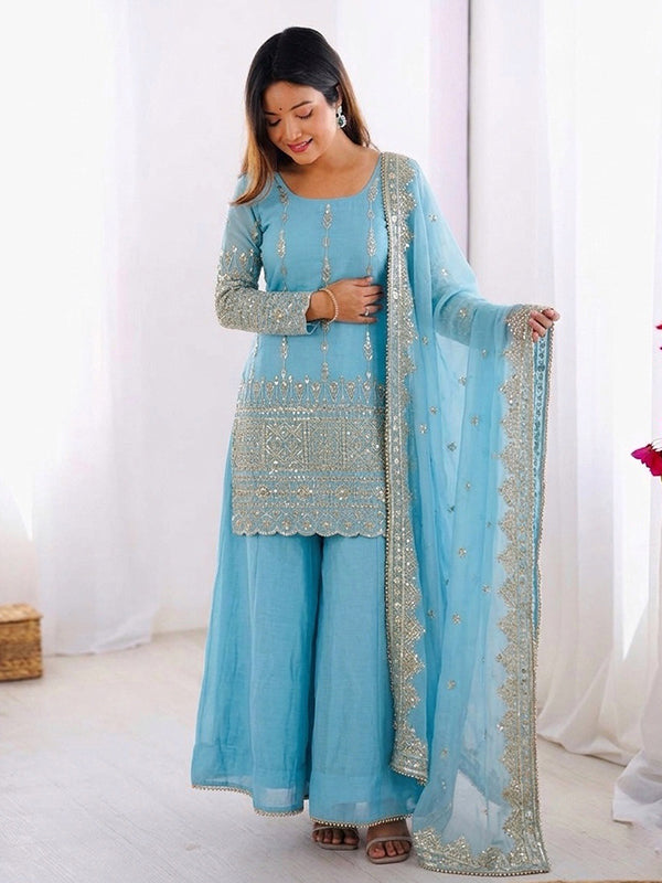 Sky Blue Embroidery Sequence Work Vichitra Silk Top Sharara With Dupatta