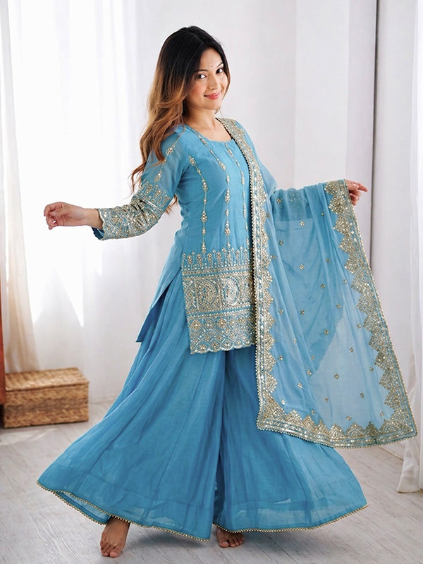 Sky Blue Embroidery Sequence Work Vichitra Silk Top Sharara With Dupatta
