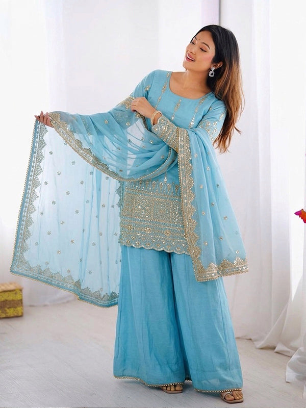 Sky Blue Embroidery Sequence Work Vichitra Silk Top Sharara With Dupatta