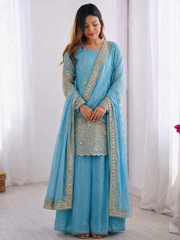 Sky Blue Embroidery Sequence Work Vichitra Silk Top Sharara With Dupatta