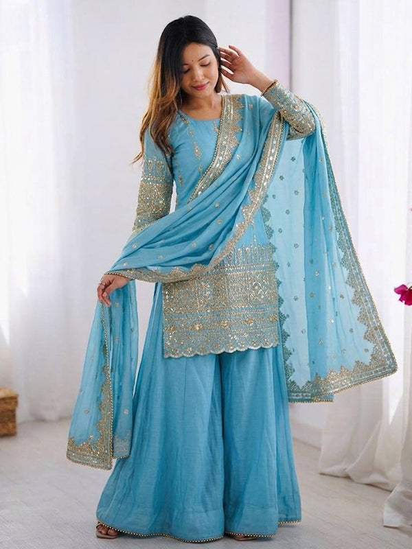 Sky Blue Embroidery Sequence Work Vichitra Silk Top Sharara With Dupatta