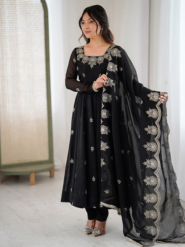 Black Embroidered Sequence Work Crunchy Silk Anarkali Gown With Dupatta