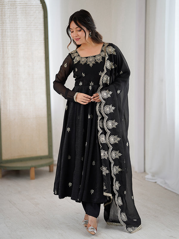 Black Embroidered Sequence Work Crunchy Silk Anarkali Gown With Dupatta
