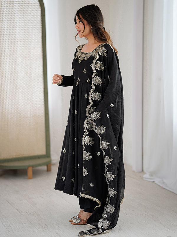Black Embroidered Sequence Work Crunchy Silk Anarkali Gown With Dupatta