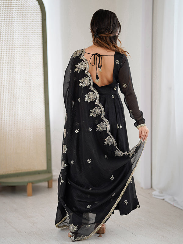 Black Embroidered Sequence Work Crunchy Silk Anarkali Gown With Dupatta