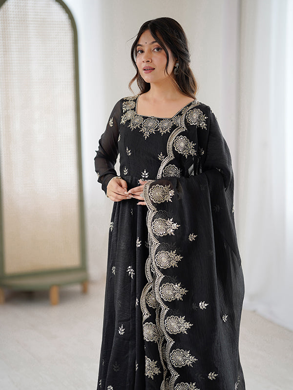 Black Embroidered Sequence Work Crunchy Silk Anarkali Gown With Dupatta