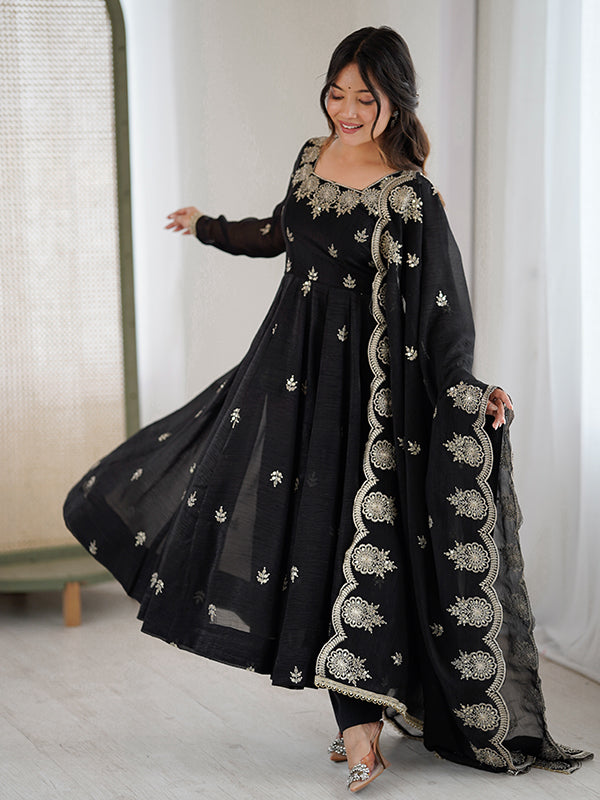 Black Embroidered Sequence Work Crunchy Silk Anarkali Gown With Dupatta
