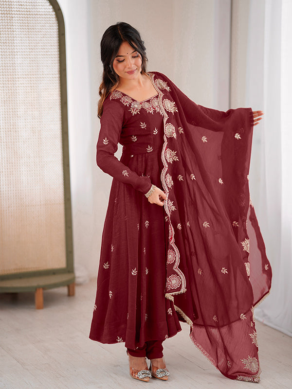 Maroon Embroidered Sequence Work Crunchy Silk Anarkali Gown With Dupatta
