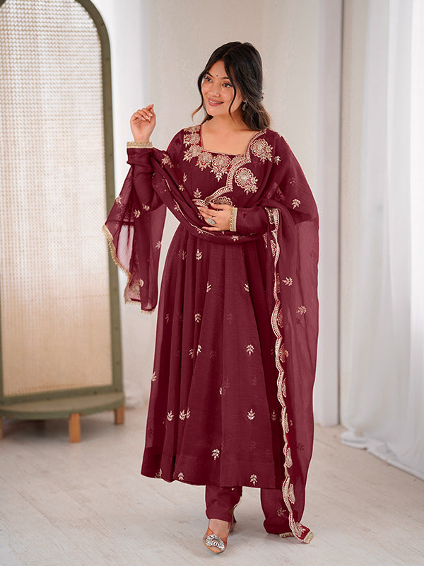 Maroon Embroidered Sequence Work Crunchy Silk Anarkali Gown With Dupatta