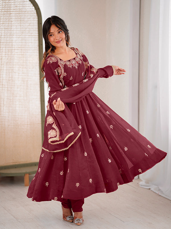Maroon Embroidered Sequence Work Crunchy Silk Anarkali Gown With Dupatta