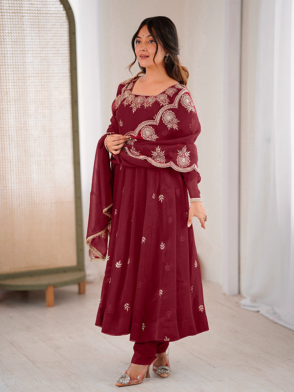 Maroon Embroidered Sequence Work Crunchy Silk Anarkali Gown With Dupatta