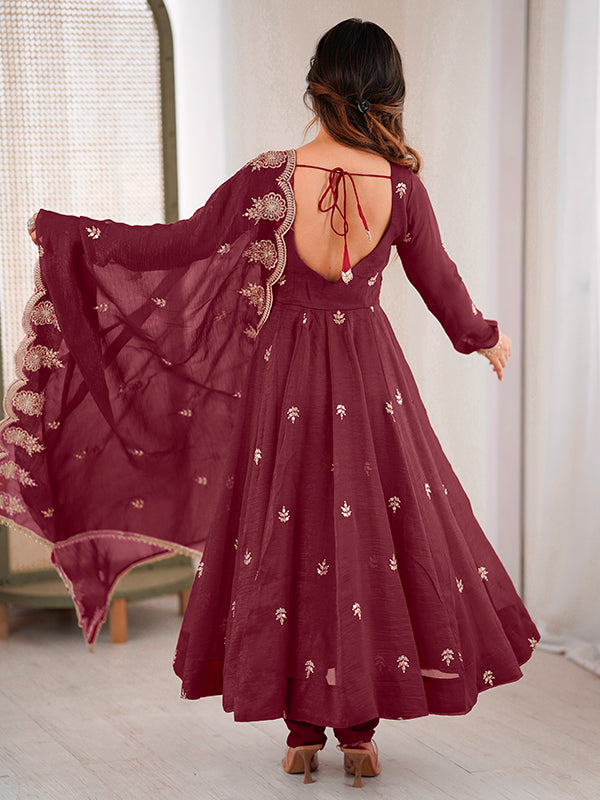 Maroon Embroidered Sequence Work Crunchy Silk Anarkali Gown With Dupatta
