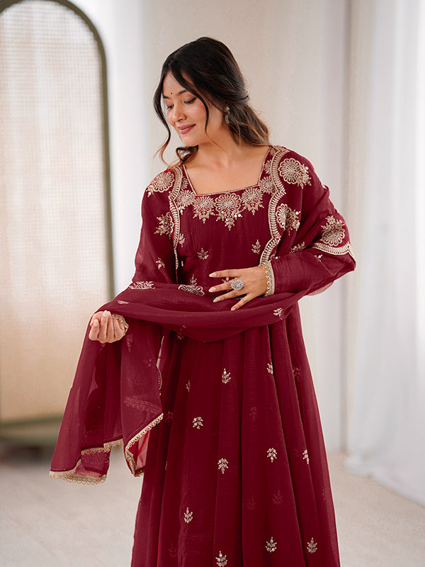 Maroon Embroidered Sequence Work Crunchy Silk Anarkali Gown With Dupatta