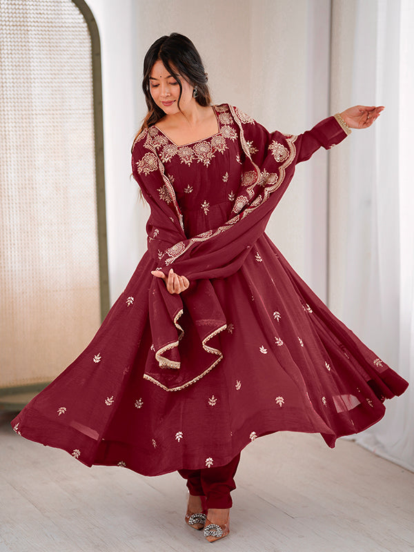Maroon Embroidered Sequence Work Crunchy Silk Anarkali Gown With Dupatta