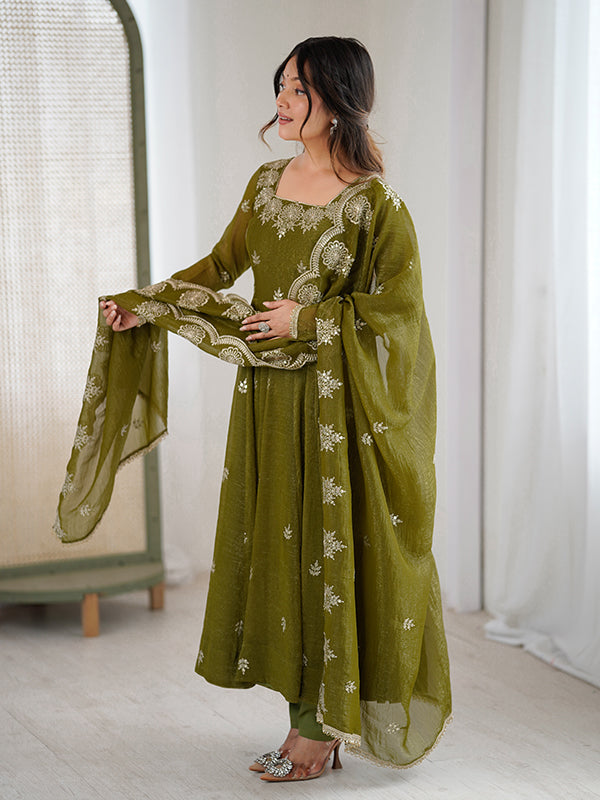 Mehndi Green Embroidered Sequence Work Crunchy Silk Anarkali Gown With Dupatta