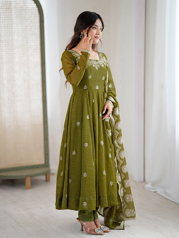 Mehndi Green Embroidered Sequence Work Crunchy Silk Anarkali Gown With Dupatta