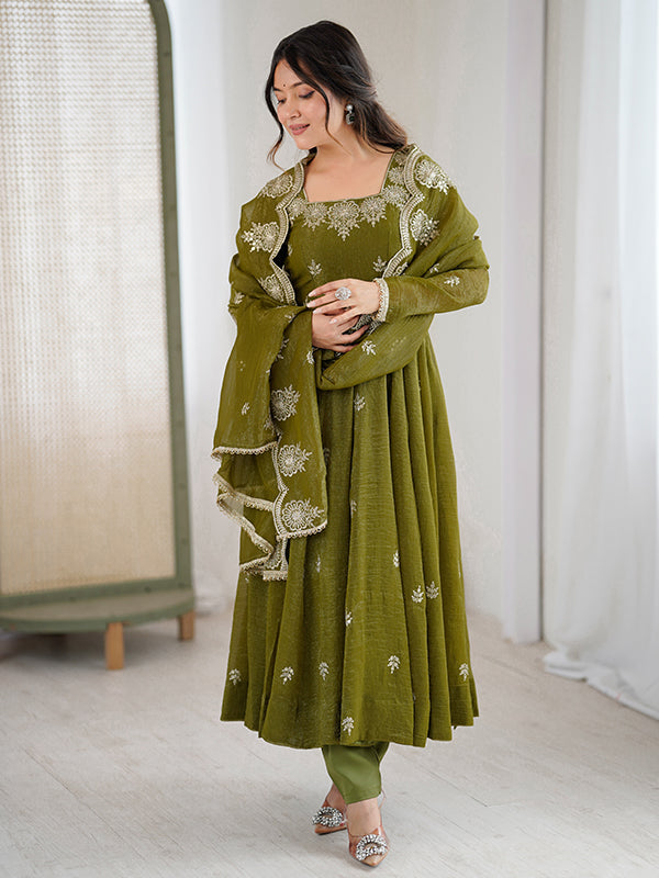 Mehndi Green Embroidered Sequence Work Crunchy Silk Anarkali Gown With Dupatta