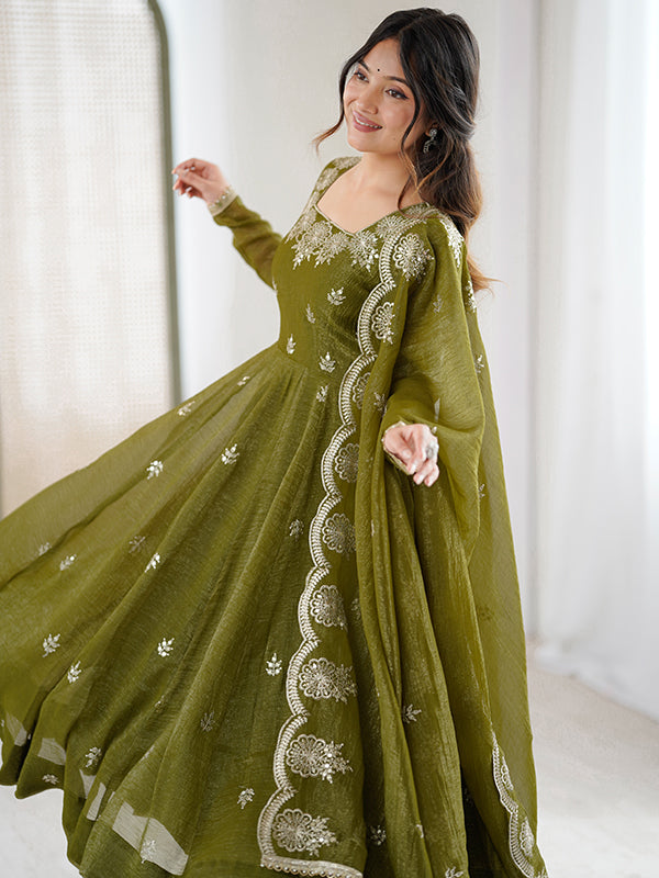 Mehndi Green Embroidered Sequence Work Crunchy Silk Anarkali Gown With Dupatta