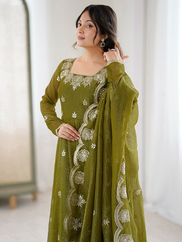 Mehndi Green Embroidered Sequence Work Crunchy Silk Anarkali Gown With Dupatta
