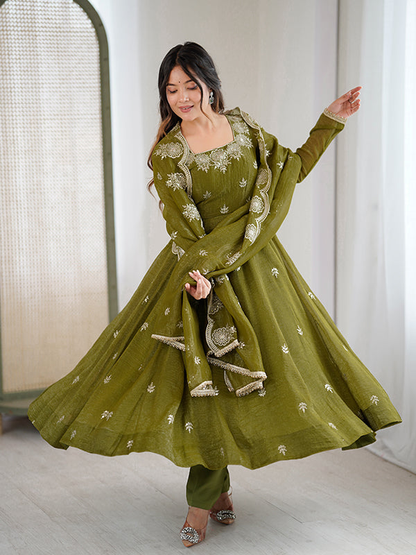 Mehndi Green Embroidered Sequence Work Crunchy Silk Anarkali Gown With Dupatta
