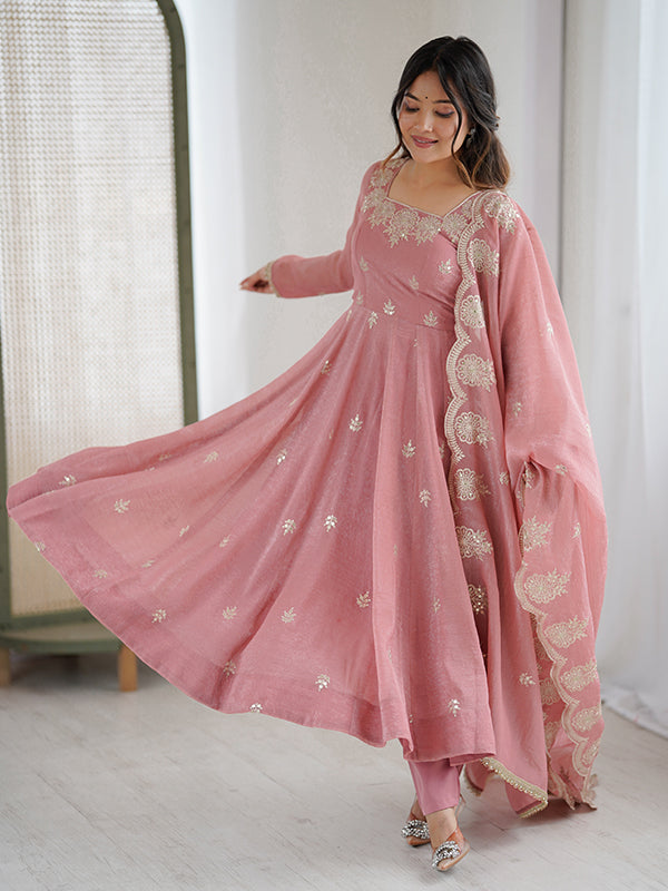 Peach Embroidered Sequence Work Crunchy Silk Anarkali Gown With Dupatta