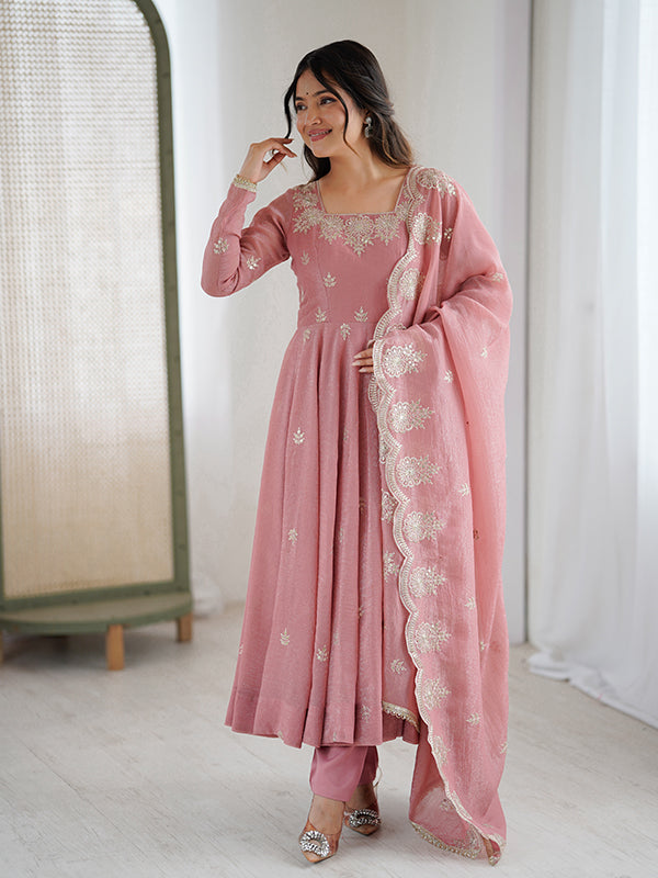 Peach Embroidered Sequence Work Crunchy Silk Anarkali Gown With Dupatta