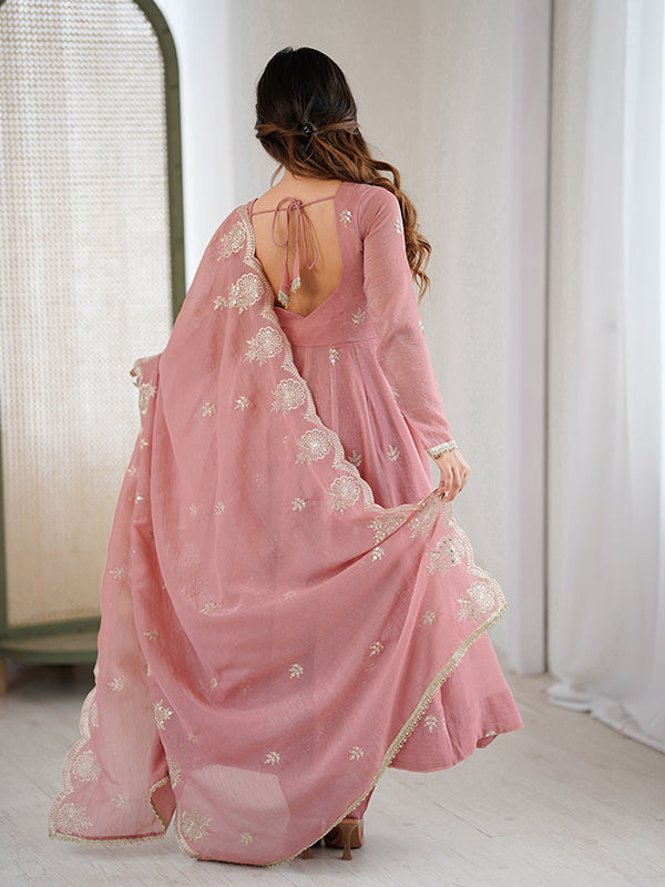 Peach Embroidered Sequence Work Crunchy Silk Anarkali Gown With Dupatta