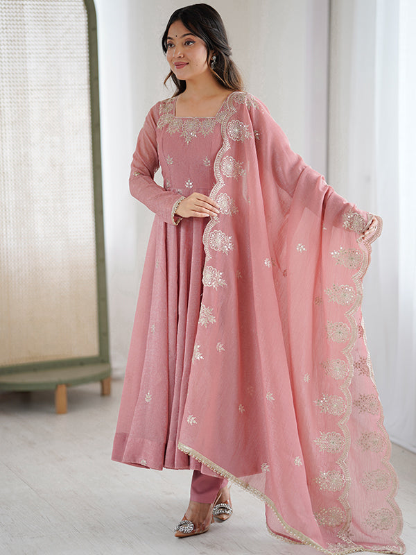 Peach Embroidered Sequence Work Crunchy Silk Anarkali Gown With Dupatta