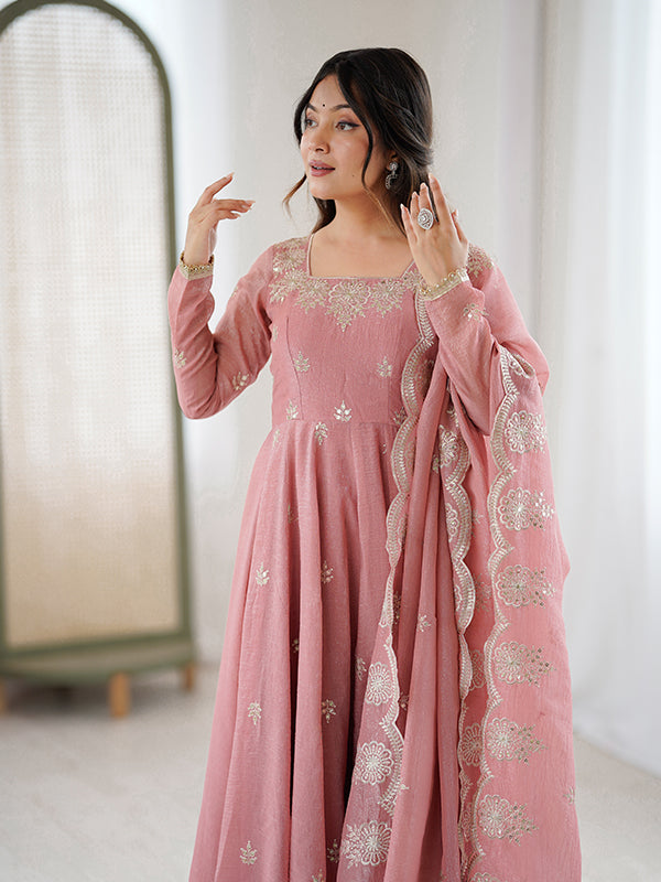 Peach Embroidered Sequence Work Crunchy Silk Anarkali Gown With Dupatta