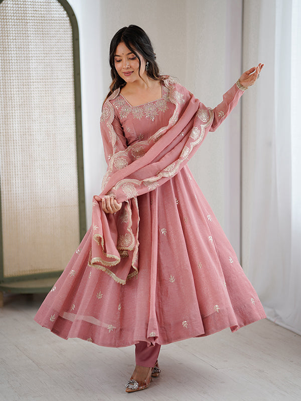 Peach Embroidered Sequence Work Crunchy Silk Anarkali Gown With Dupatta
