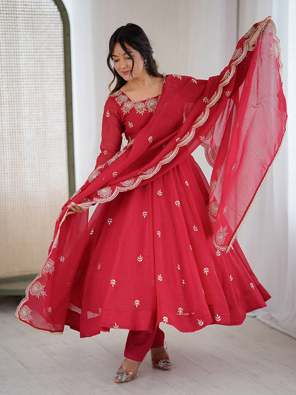 Red Embroidered Sequence Work Crunchy Silk Anarkali Gown With Dupatta