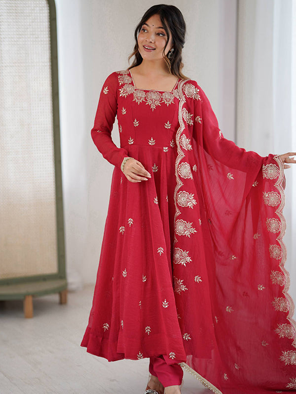 Red Embroidered Sequence Work Crunchy Silk Anarkali Gown With Dupatta