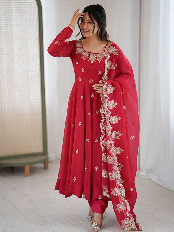 Red Embroidered Sequence Work Crunchy Silk Anarkali Gown With Dupatta